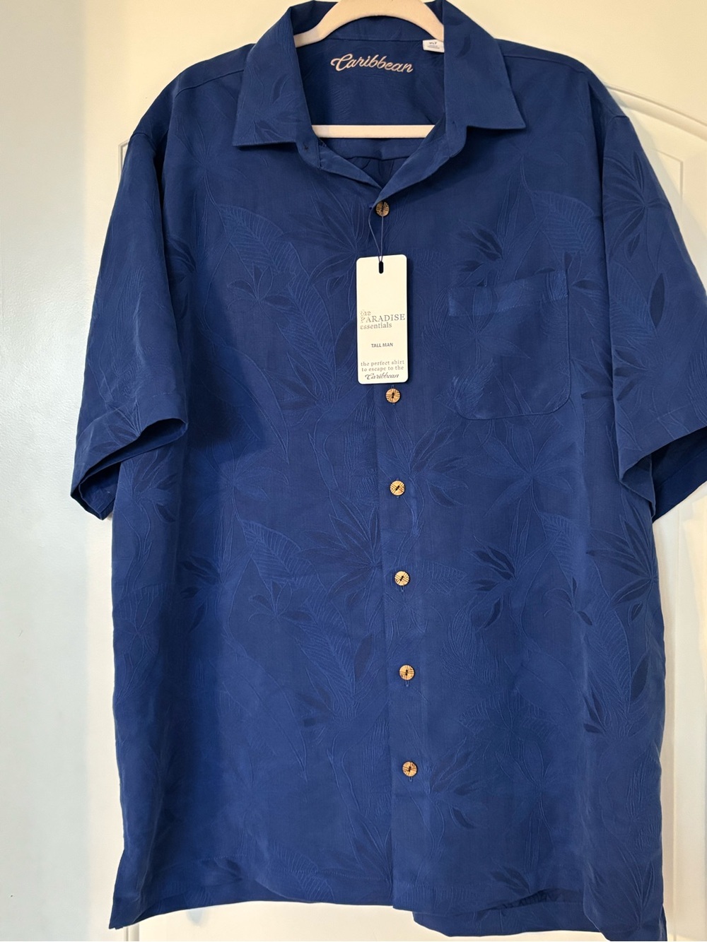 Caribbean Paradise Essentials Mens XLT Blue Tropical Leaf Camp Shirt NWT